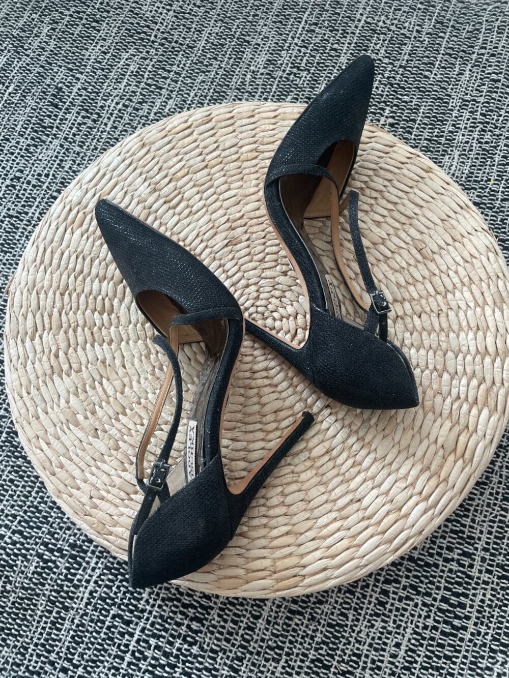 Badgley Mischka Black Glitter D'Orsay Mary Jane Pointed Toe Heels Size 6.5